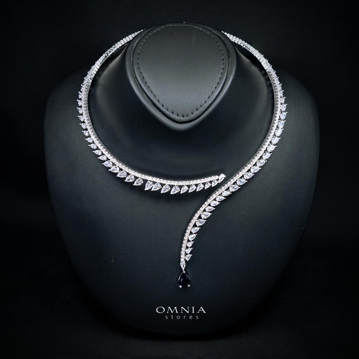 Catalina Elegant Blue Cascading Leaf Drop Bridal Full Set with High-Quality Premium Zircon Stones, Rhodium-Plated Finish