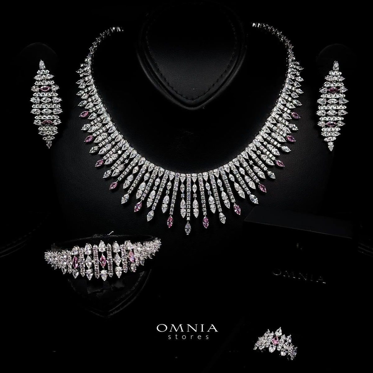 Omnia Lana Pink Bridal Full Set in High Quality Zircon Stone Premium Rhodium Plated - OMNIASTORES UAE
