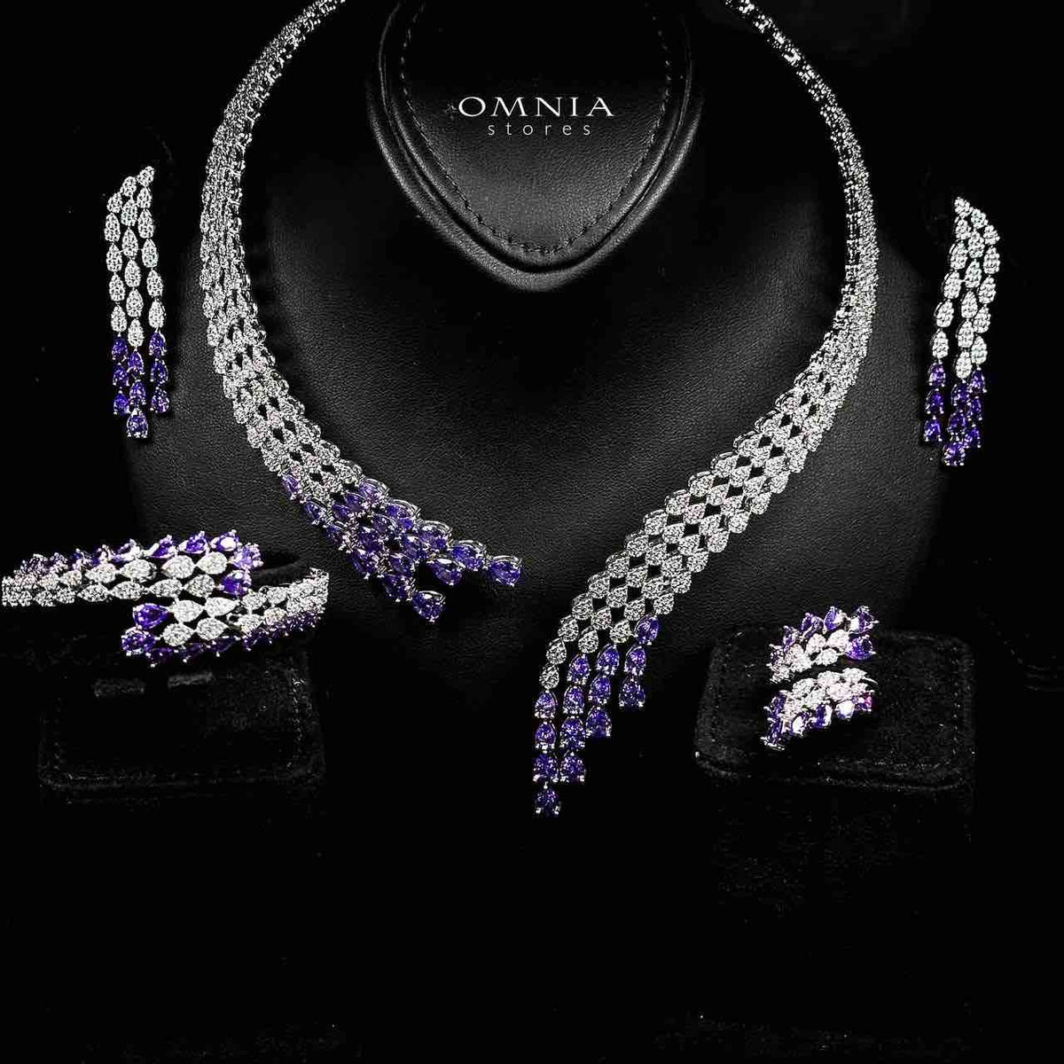 Omnia Amrah Luxury Bridal White and Purple Full Set in High Quality Zircon Stone Premium Rhodium Plated - OMNIASTORES UAE