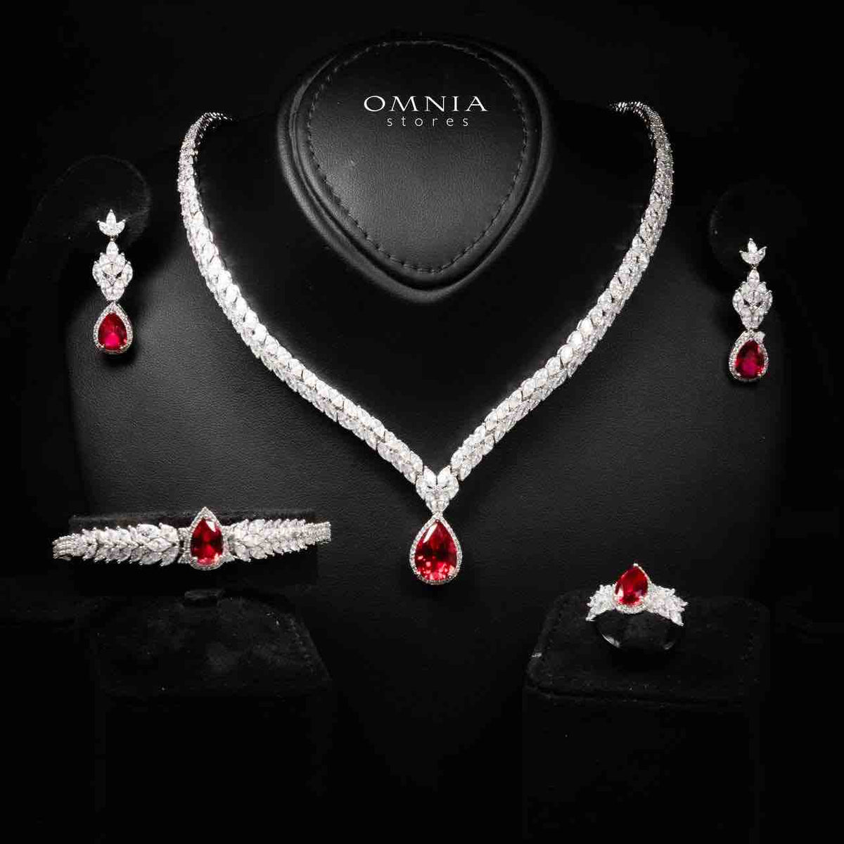 Omnia Aamira Teardrop-Design Bridal Red Full Set with High-Quality Zircon Stones in Rhodium-Plated Finish (Size 18cm Ring Size 7 Only available in KSA)