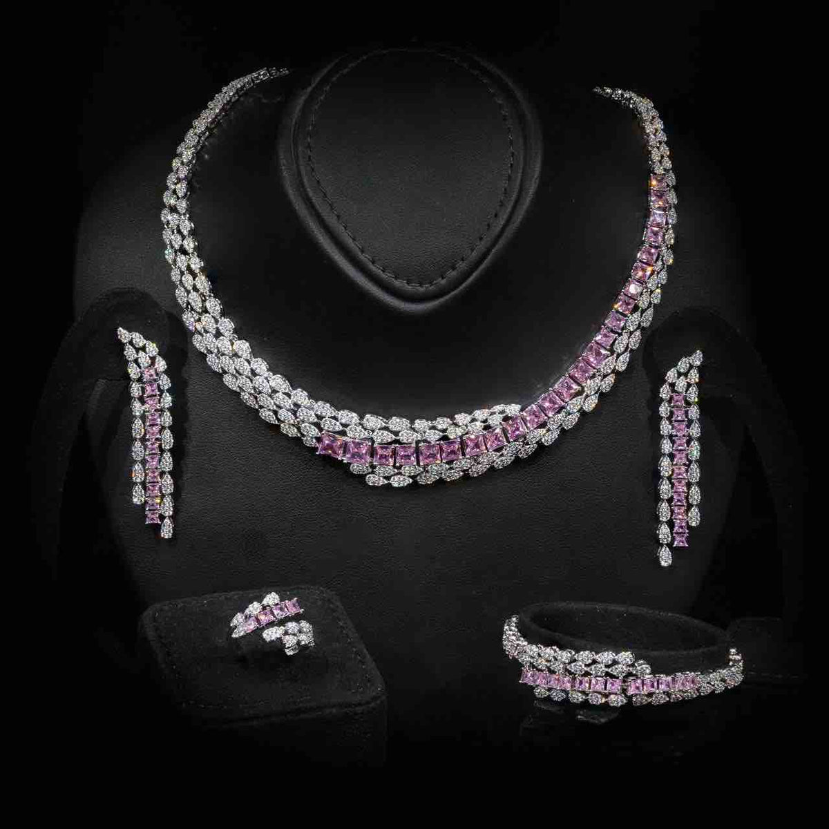 Omnia Trinity Pink Luxury Bridal Full Set in High Quality Zircon Stone in Rhodium Plated - OMNIASTORES UAE