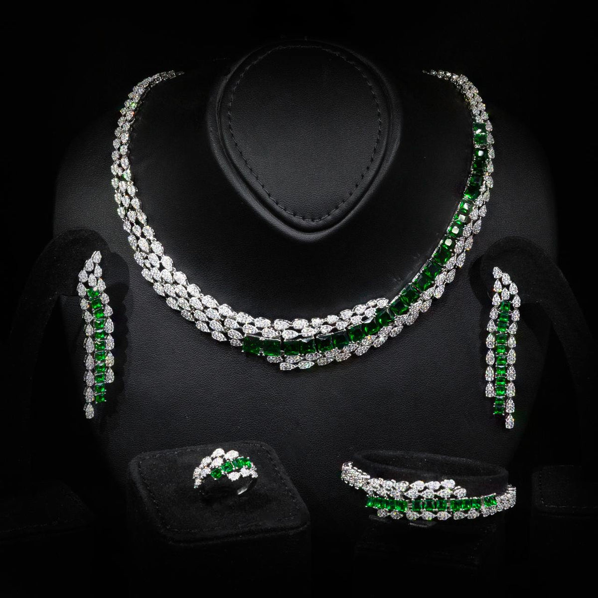 Omnia Trinity Green Luxury Bridal Full Set in High Quality Simulated Diamonds Premium Rhodium Plated - OMNIASTORES UAE
