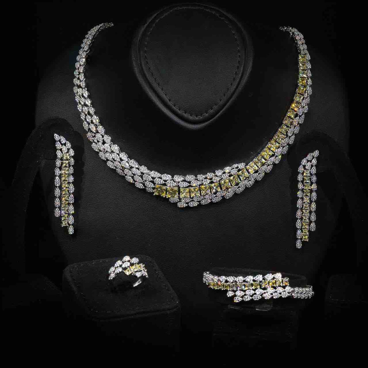 Omnia Trinity Yellow Luxury Bridal Full Set in High Quality Zircon Stone in Rhodium Plated - OMNIASTORES UAE