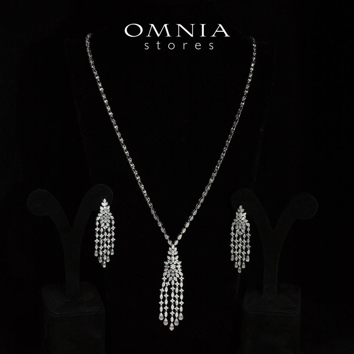 Omnia Nyra Luxury White Bridal Long Chain Necklace & Earrings Set in High Quality Zircon Stone Rhodium Plated - OMNIASTORES UAE