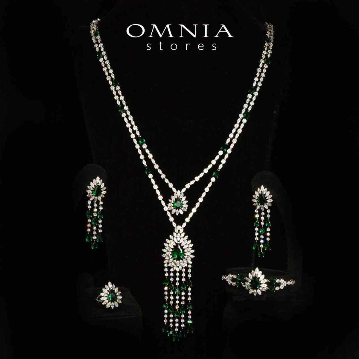 Omnia Alena Luxury Green Bridal Long Chain Full Set in High Quality Zircon Stone Rhodium Plated - OMNIASTORES UAE