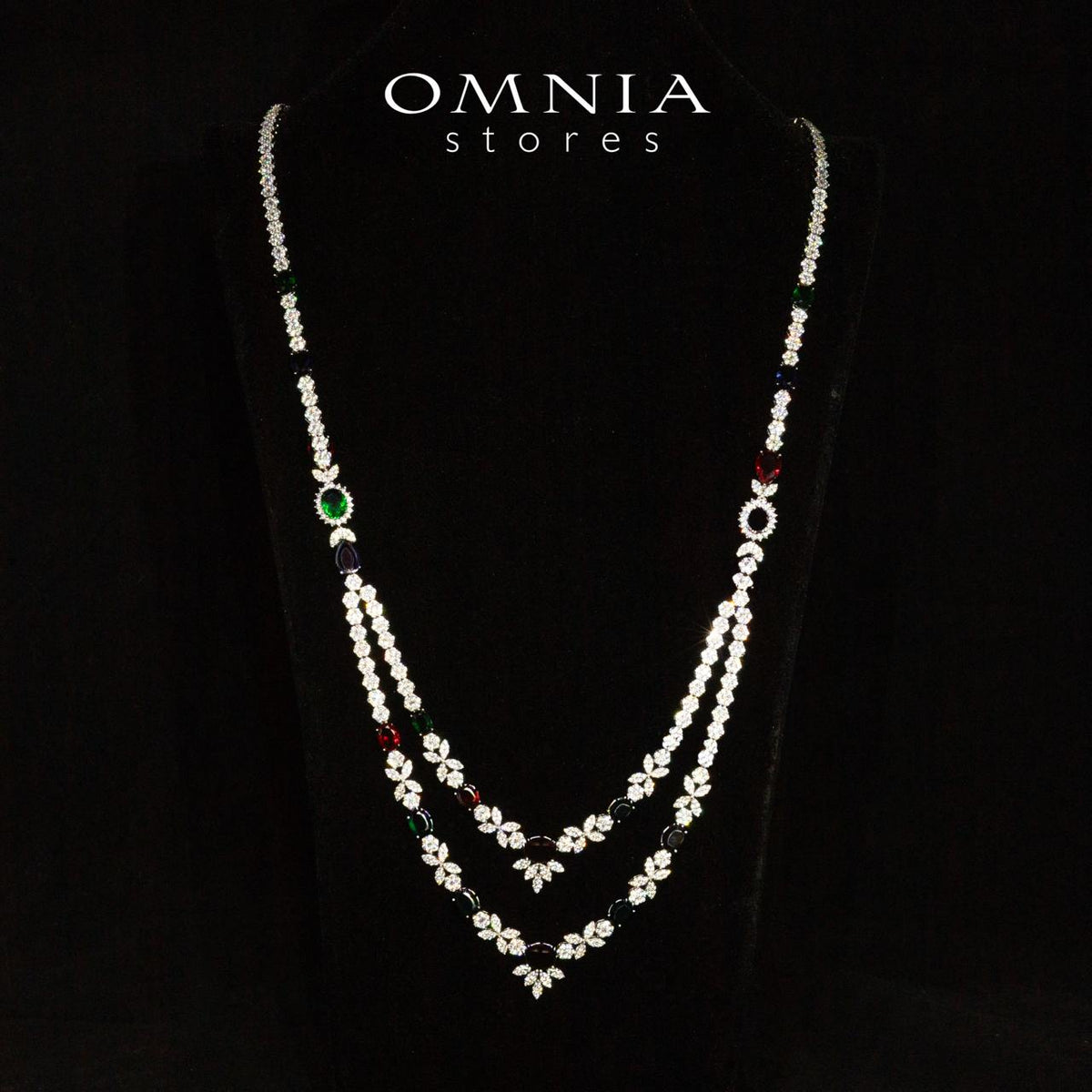 Omnia Jade Red, Green and Blue Bridal Long Chain Set Accessories in High Quality Zircon Stone Rhodium Plated - OMNIASTORES UAE