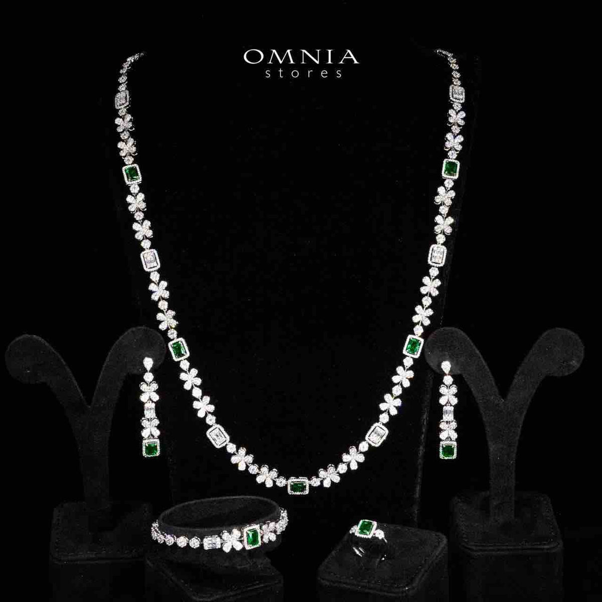 Omnia Reyna Green Luxury Bridal Long Chain Full Set in High Quality Zircon Stone Rhodium Plated - OMNIASTORES UAE