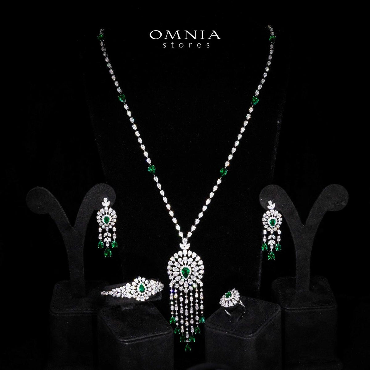 Omnia Lisa Green Luxury Bridal Long Chain Full Set in High Quality Zircon Stone Rhodium Plated - OMNIASTORES UAE