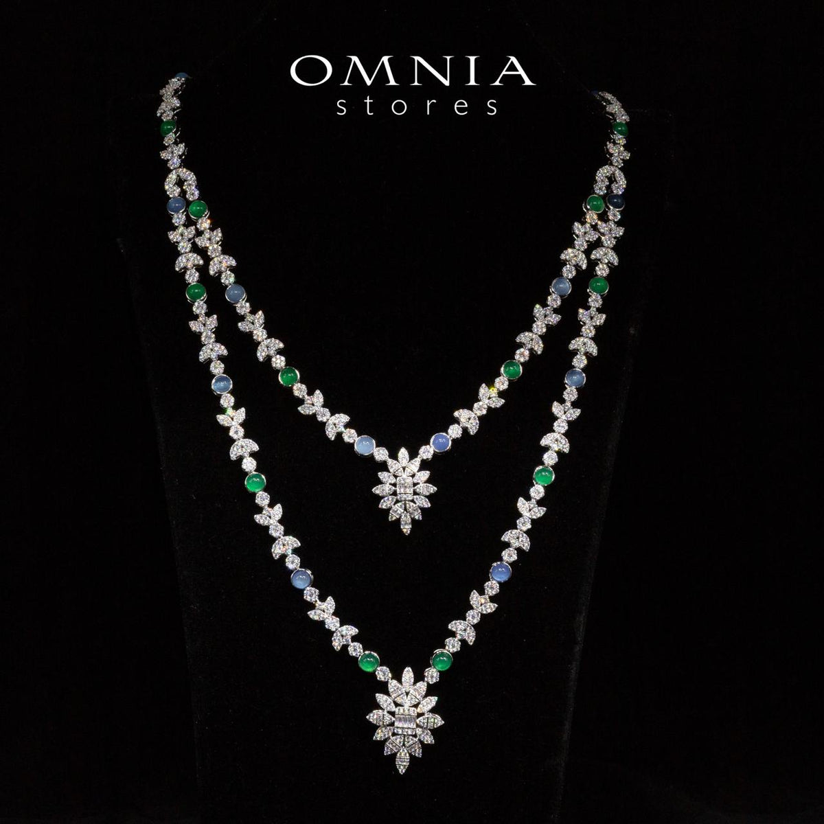 Omnia Keily Green and Blue Luxury Bridal Long Chain Full Set in High Quality Zircon Stone Rhodium Plated - OMNIASTORES UAE