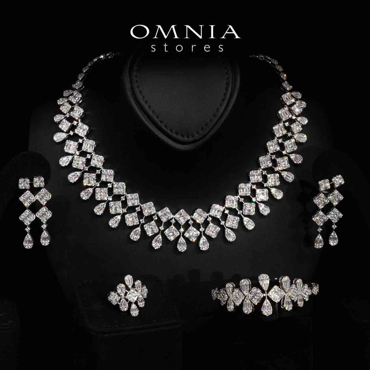 Omnia Kacey White Pearl Luxury Bridal Full Set in High Quality Zircon Stone Premium Rhodium Plated - OMNIASTORES UAE