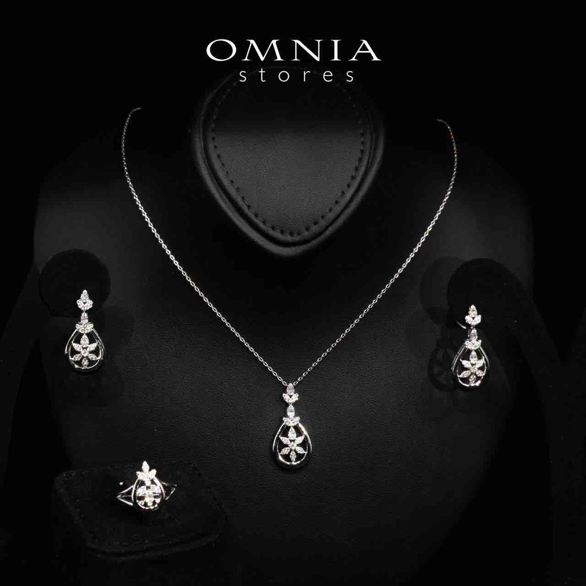 Omnia Erica White Necklace, Earrings and Ring Set in High Quality Rhodium Plated Zircon Stones - OMNIASTORES UAE