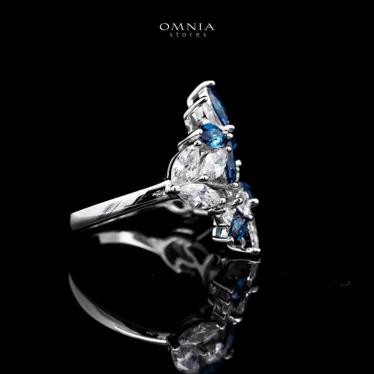 Abla Blue Floral Ring in 925 Silver with Marquise and Pear-Cut High-Quality Simulated Diamonds