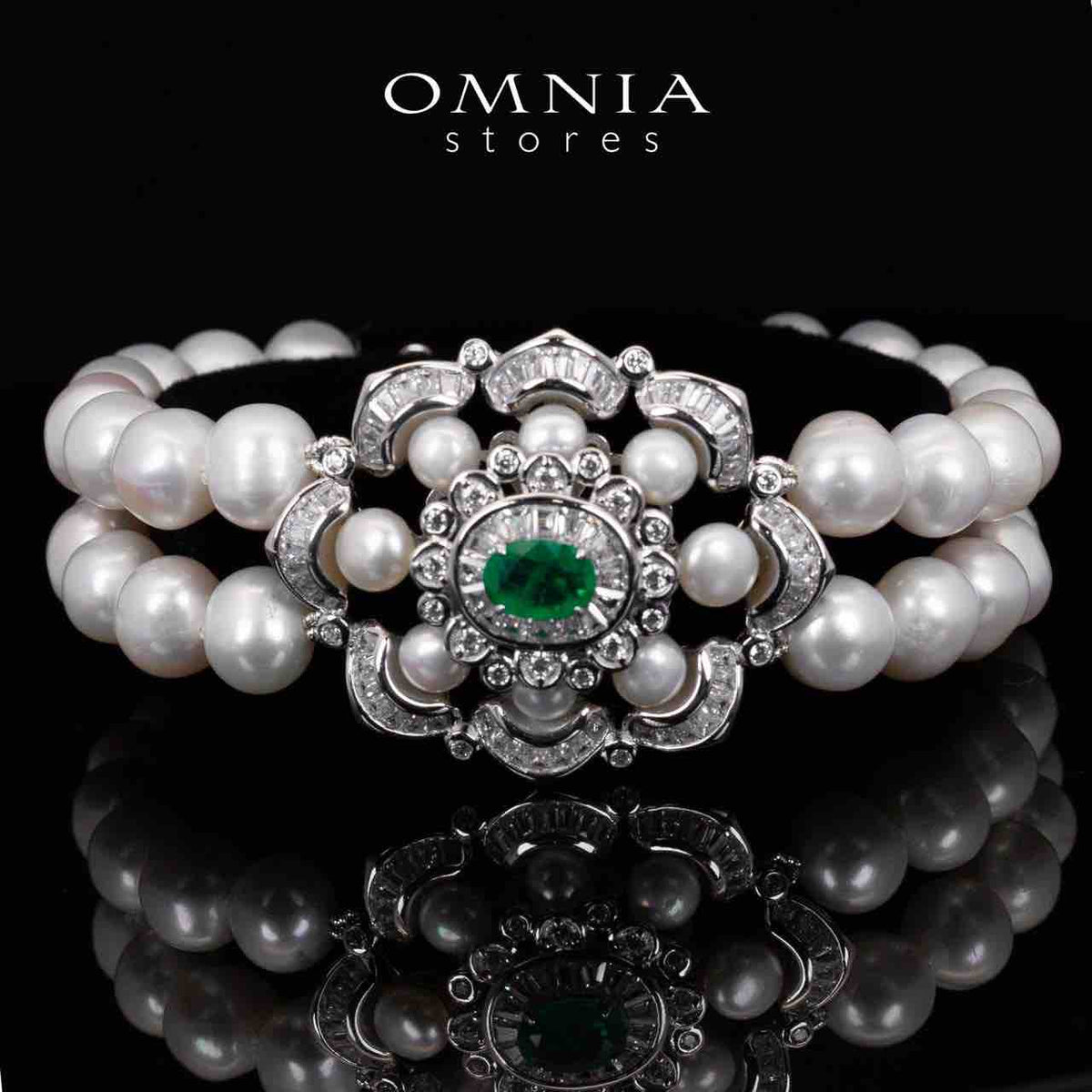 Sabine Green and White Pearl Long Chain, Bracelet and Earrings Set With High Quality Simulated Diamonds in 925 Silver - OMNIASTORES UAE