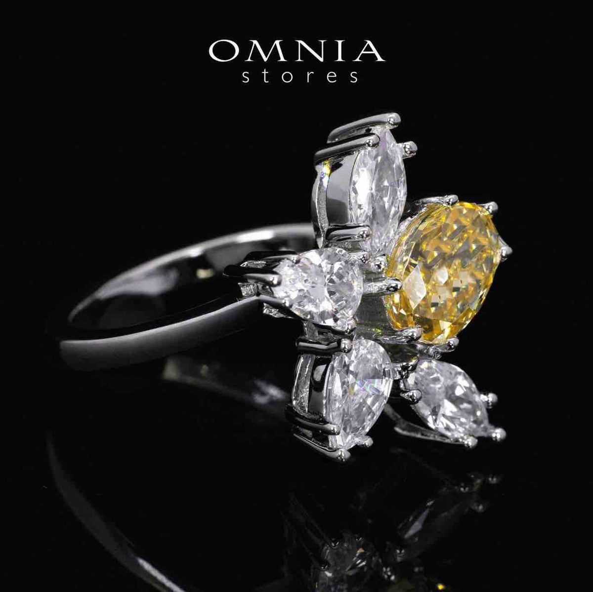 Kiana Yellow Flower Design Ring With High Quality Simulated Diamonds in 925 Silver