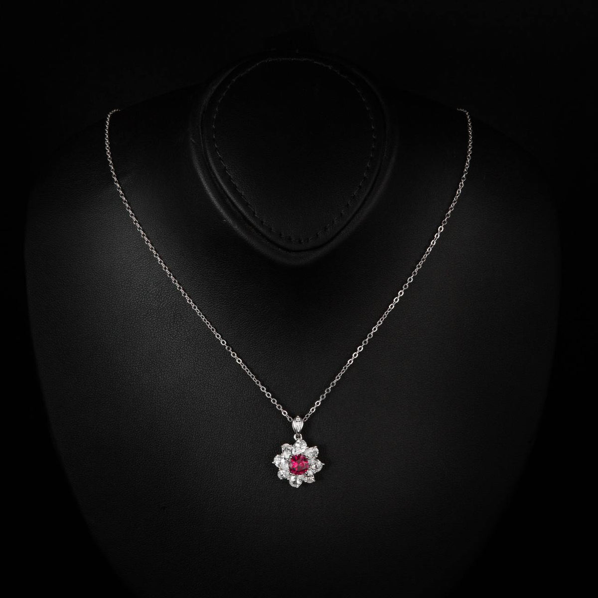 Gwen Floral Red and White Pendant Necklace With High Quality Simulated Diamonds in 925 Silver