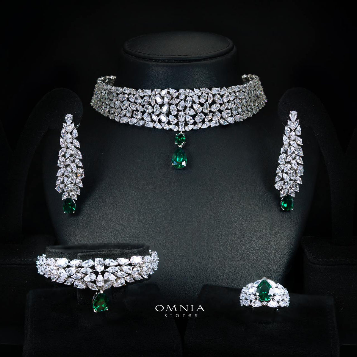 Omnia Nuray Green Luxury Bridal Full Set Accessories in High Quality Zircon Stone Premium Rhodium Plated