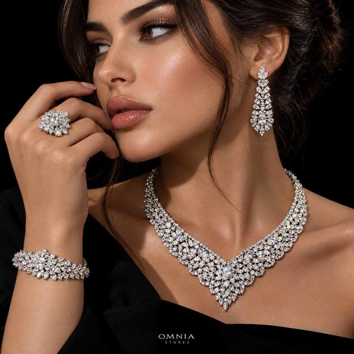 Omnia Patricia White Set Accessories in High Quality Zircon Stone Premium Rhodium Plated