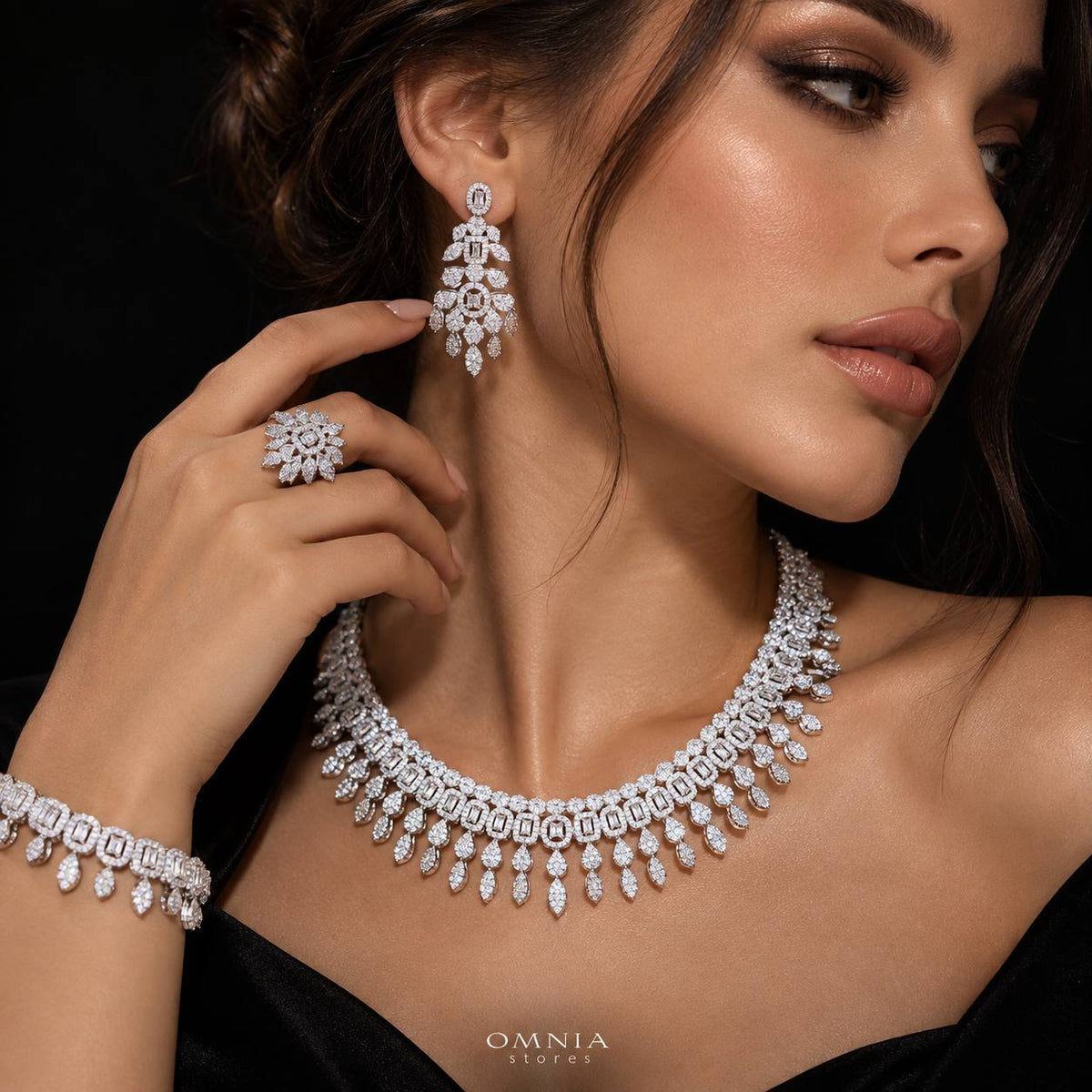 Omnia Ruhana White Luxury Bridal Full Set with High Quality Zircon Stone Premium Rhodium Plated
