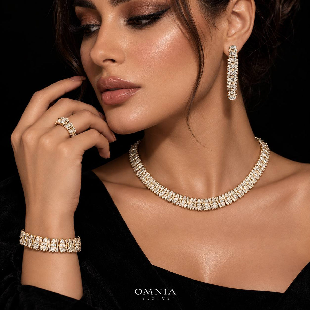 Manahil Gold Luxury Bridal Full Set in High Quality Zircon Stone Rhodium Plated