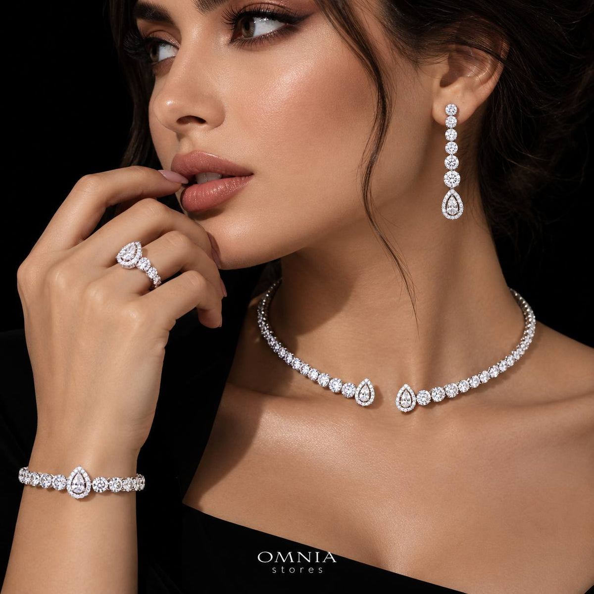 Omnia Mila Luxury White Choker Bridal Full Set in High Quality Zircon Stone Premium Rhodium Plated