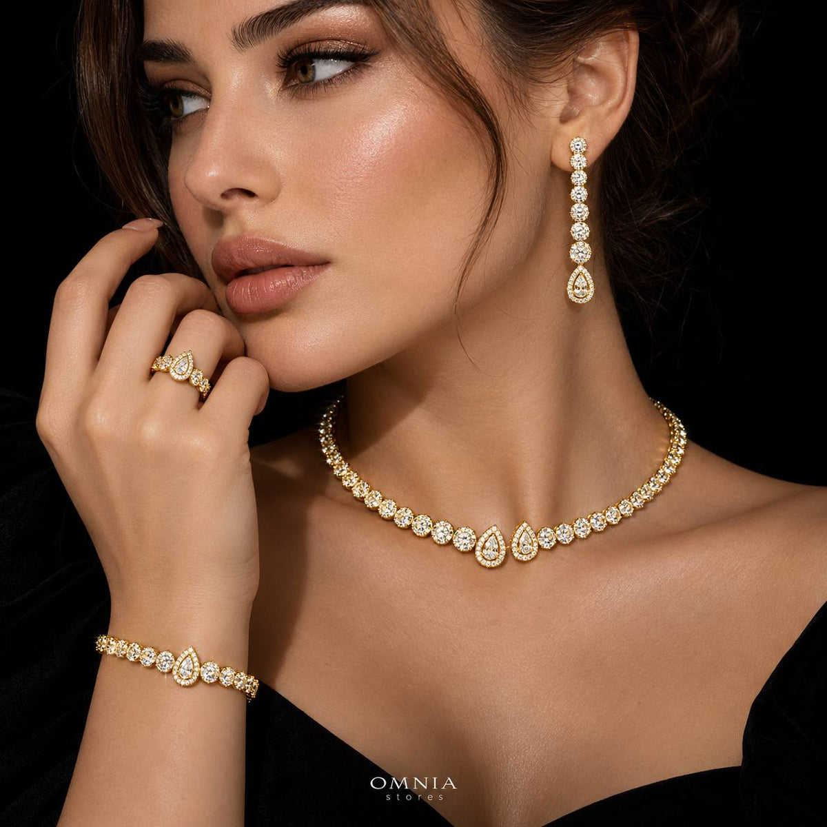 Omnia Mila Luxury Golden Choker Bridal Full Set in High Quality Zircon Stone Rhodium Plated