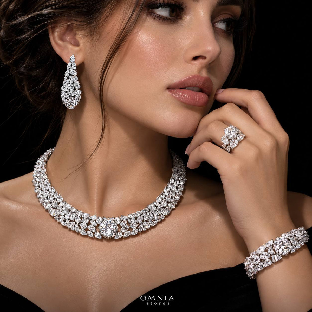 Omnia Roxane White Luxury Bridal Full Set In High Quality Zircon Stone Premium Rhodium Plated