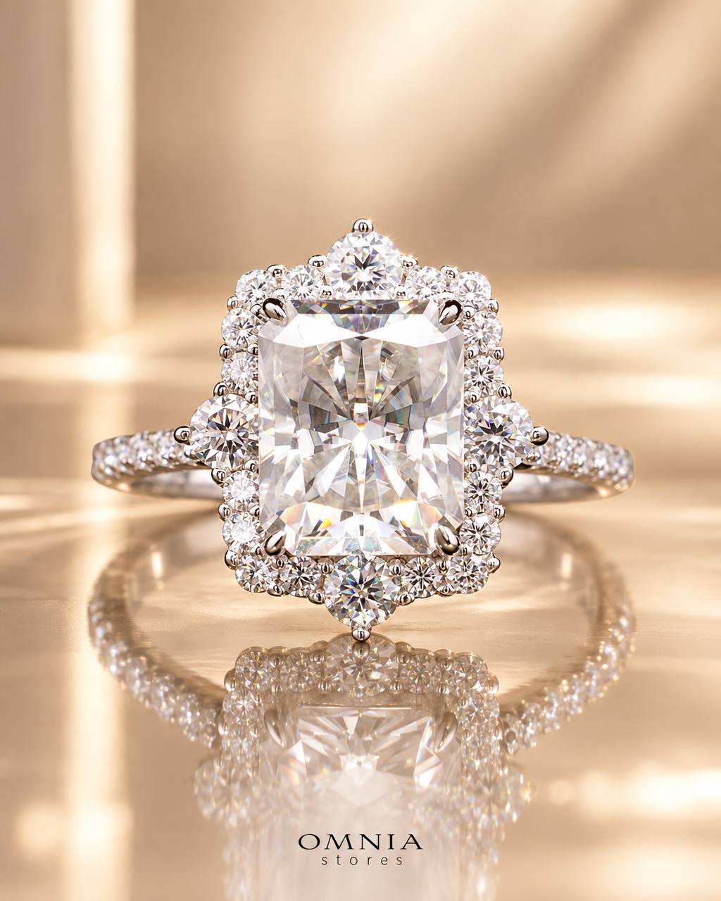 Nuwaira White Moissanite Radiant Halo Ring with Pavé Band – GRA Certified, 8x10mm (4ct), Rhodium-Plated 925 Sterling Silver