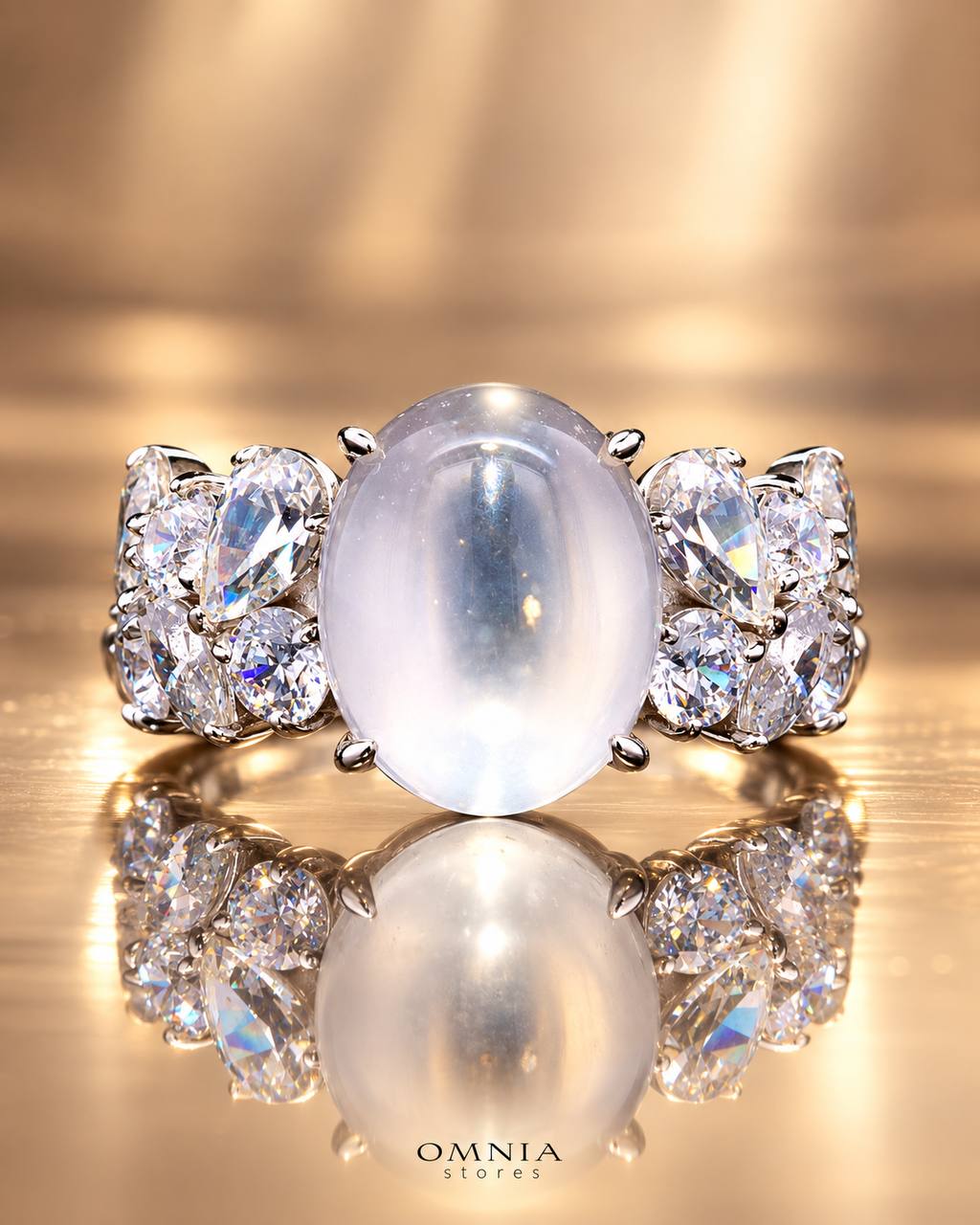 Bela Moonstone Ring with Certified Premium Simulated Diamonds in 925 Sterling Silver