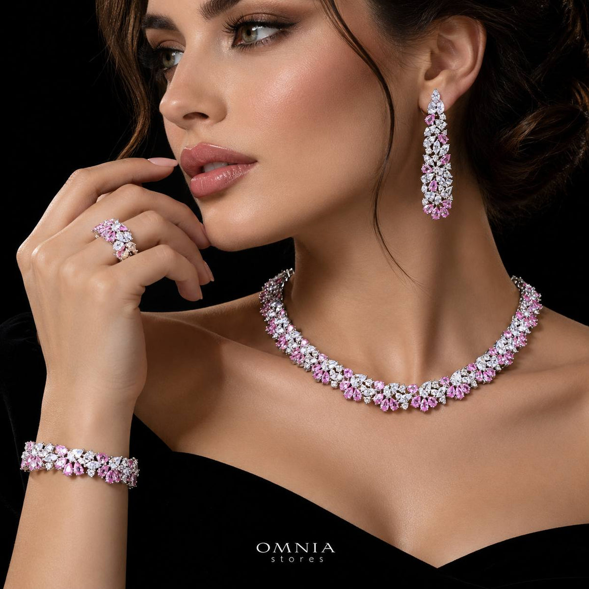 Omnia Safira Pink Luxury Bridal Full Jewelry Set with High-Quality Zircon Stone Premium Rhodium Plated