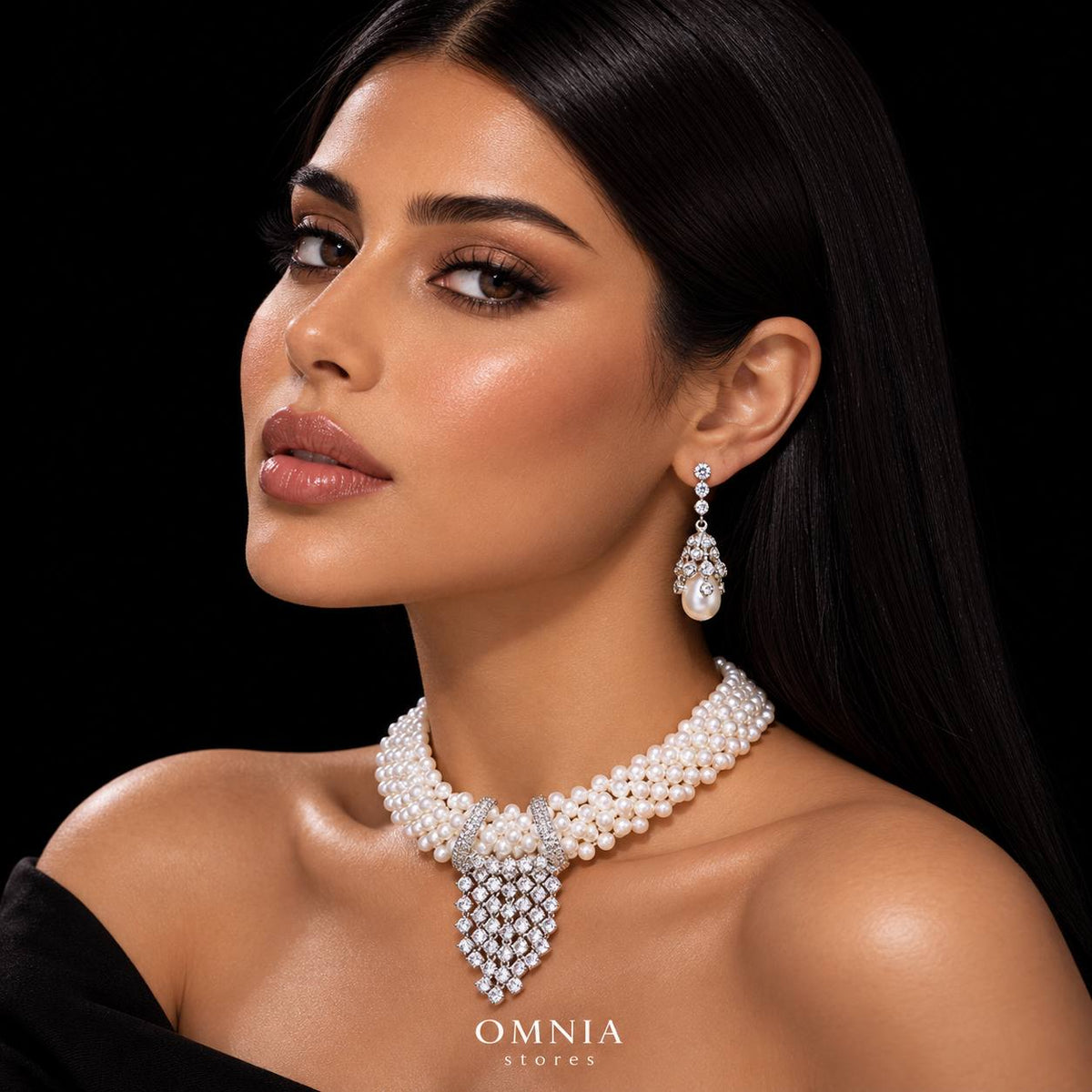 Uzmaira Pearl Necklace and Earrings Set with High-Quality Premium Simulated Diamonds in 925 Sterling Silver