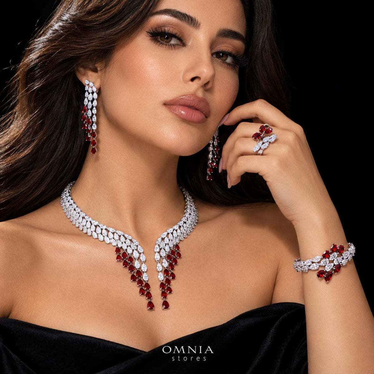 Omnia Senna Luxury Bridal Red Full Set in High Quality Zircon Stone Premium Rhodium Plated
