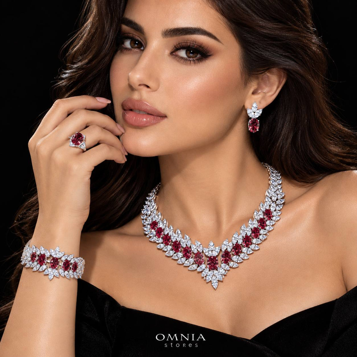 Omnia Buthaina Red Bridal Full Set High Quality Simulated Diamonds Premium Rhodium Plated