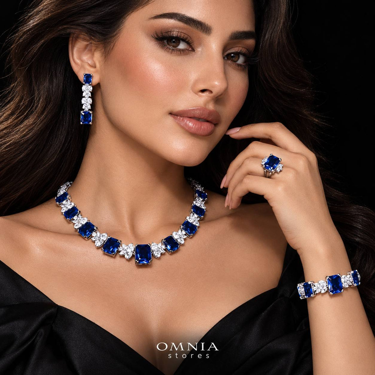 Omnia Amelia Blue Bridal Full Set in High Quality Simulated Diamonds Premium Rhodium Plated