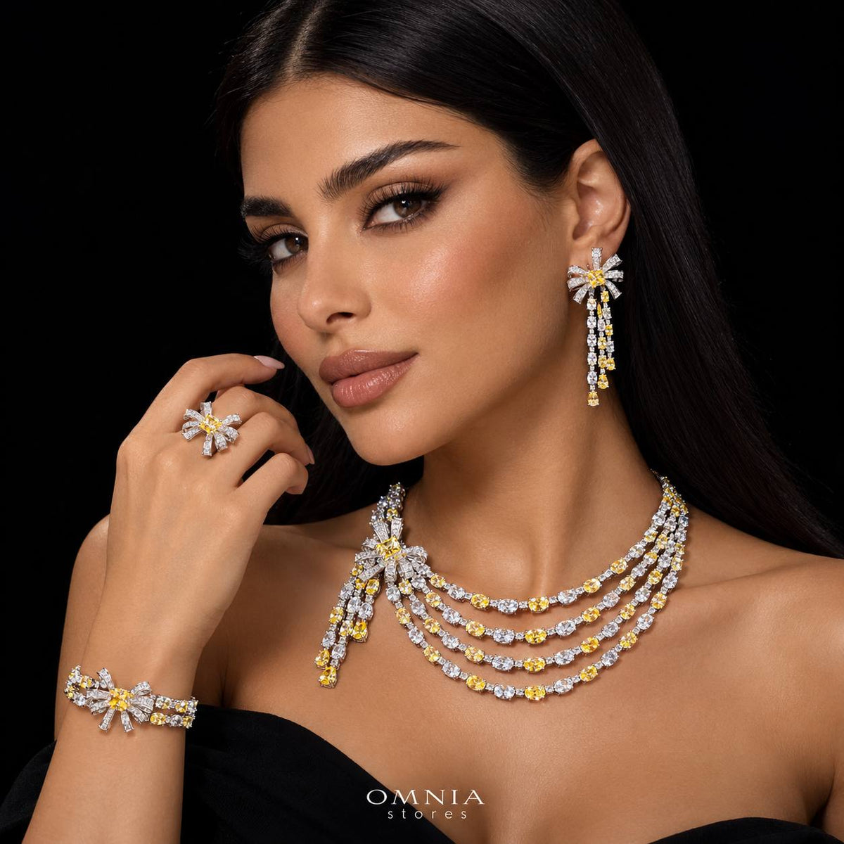 Omnia Mawada Yellow Bridal Full Set with Elegant Bow-Accent Design and High-Quality Zircon Stones in Rhodium Plated Finish
