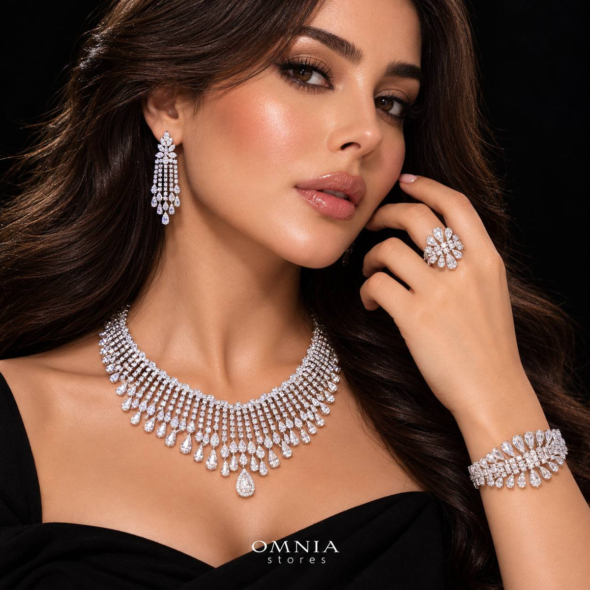 Omnia Elvina White Luxury Bridal Full Set in High Quality Zircon Stone in Premium Rhodium Plating
