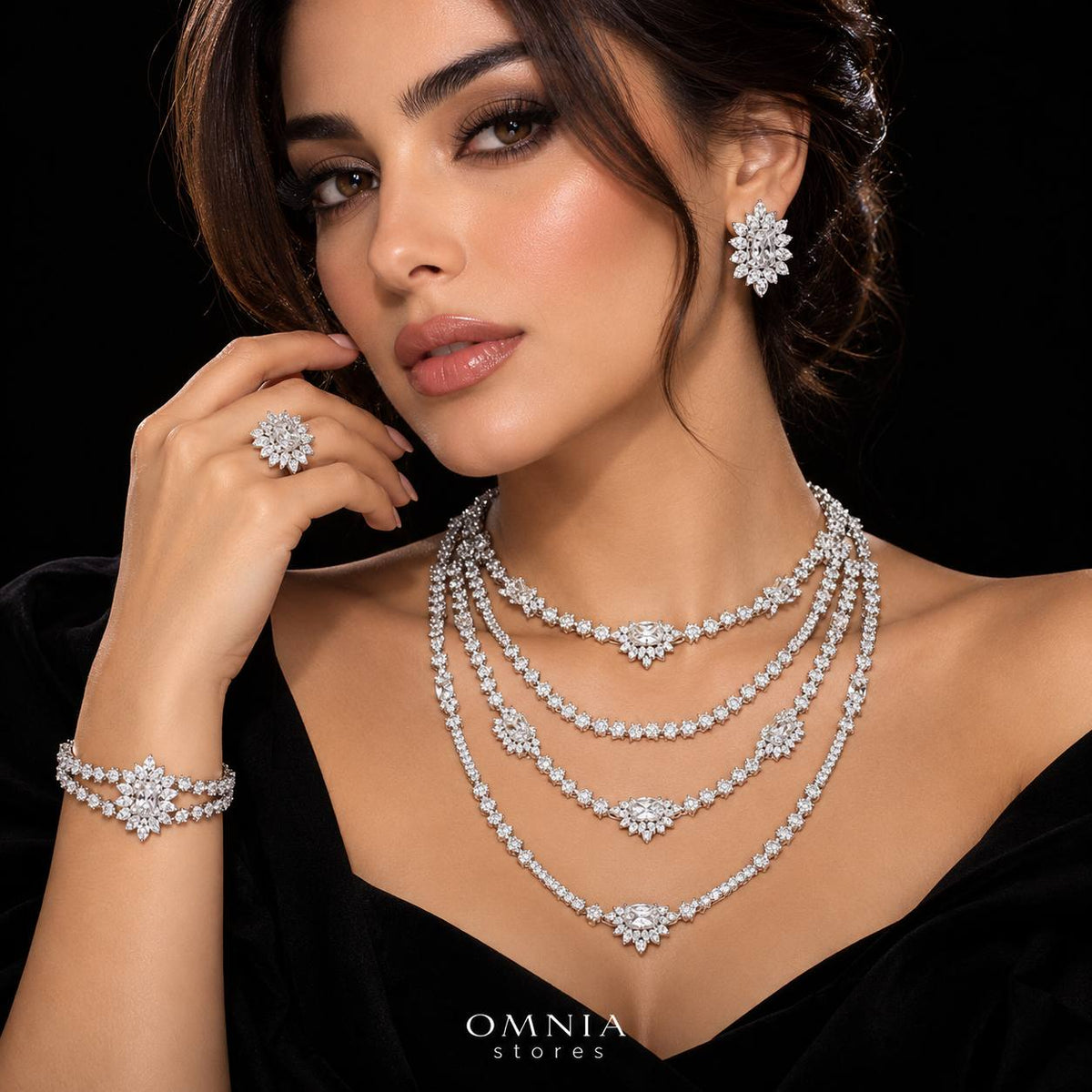 Omnia Blair Pure White Bridal Full Set with Marquise and Emerald-Cut High Quality Simulated Diamonds Premium Rhodium Plated