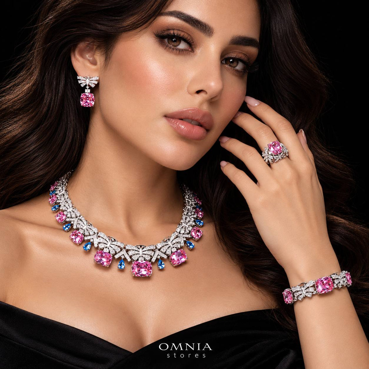 Omnia Kenzy Multicolor Luxury Bridal Full Set In High Quality Zircon Stone Premium Rhodium Plated