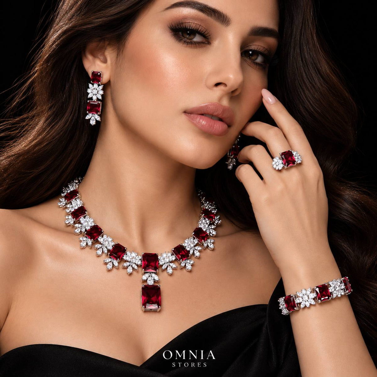 Omnia Charlene Red Bridal Full Set with Radiant and Pear-Cut High Quality Simulated Diamonds Premium Rhodium Plated