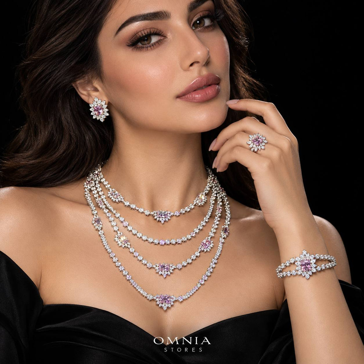 Omnia Blair Pink Luxury Bridal Full Set in High Quality Simulated Diamonds Premium Rhodium Plated