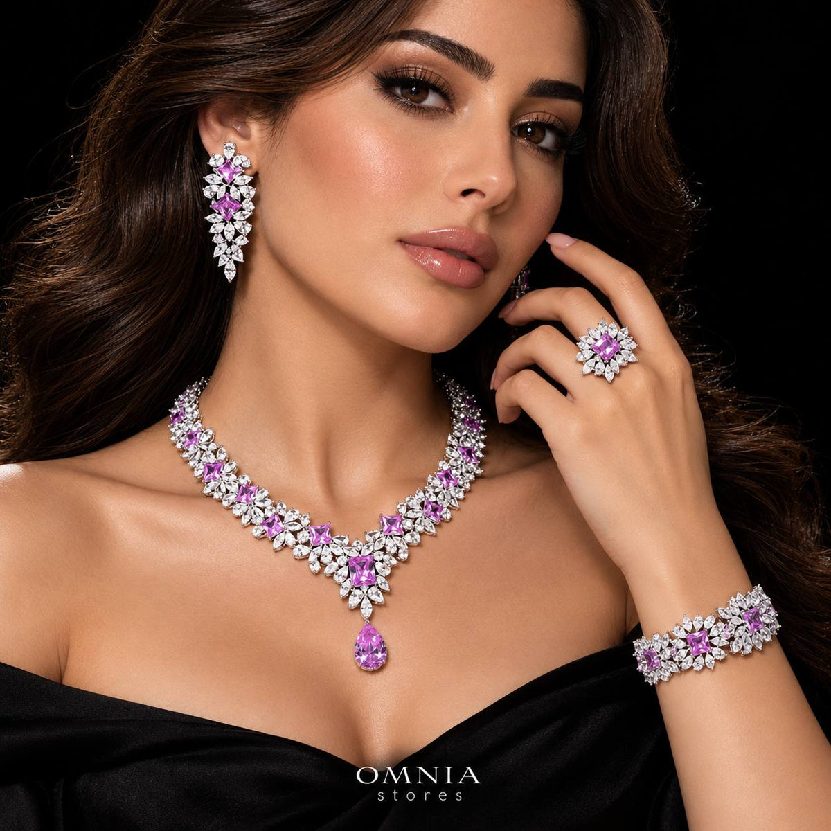 Omnia Christine Pink Luxury Bridal Full Set In High Quality Zircon Stone Premium Rhodium Plated