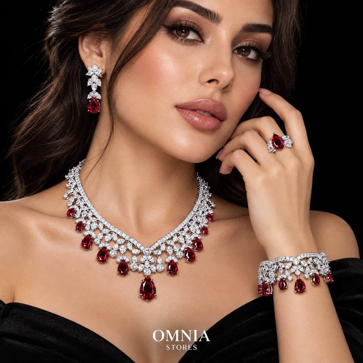 Omnia Princess Bridal Full Set with Pear-Cut White and Red High Quality Simulated Diamonds Premium Rhodium Plated
