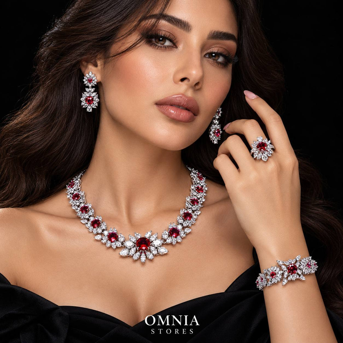 Omnia Nareen Red Bridal Full Set in High Quality Simulated Diamonds Premium Rhodium Plated
