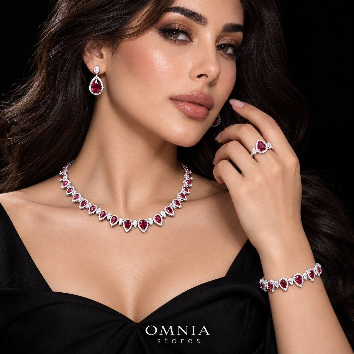 Sundus Red Bridal Full Set – Premium Rhodium Plated with High-Quality Zircon Stones