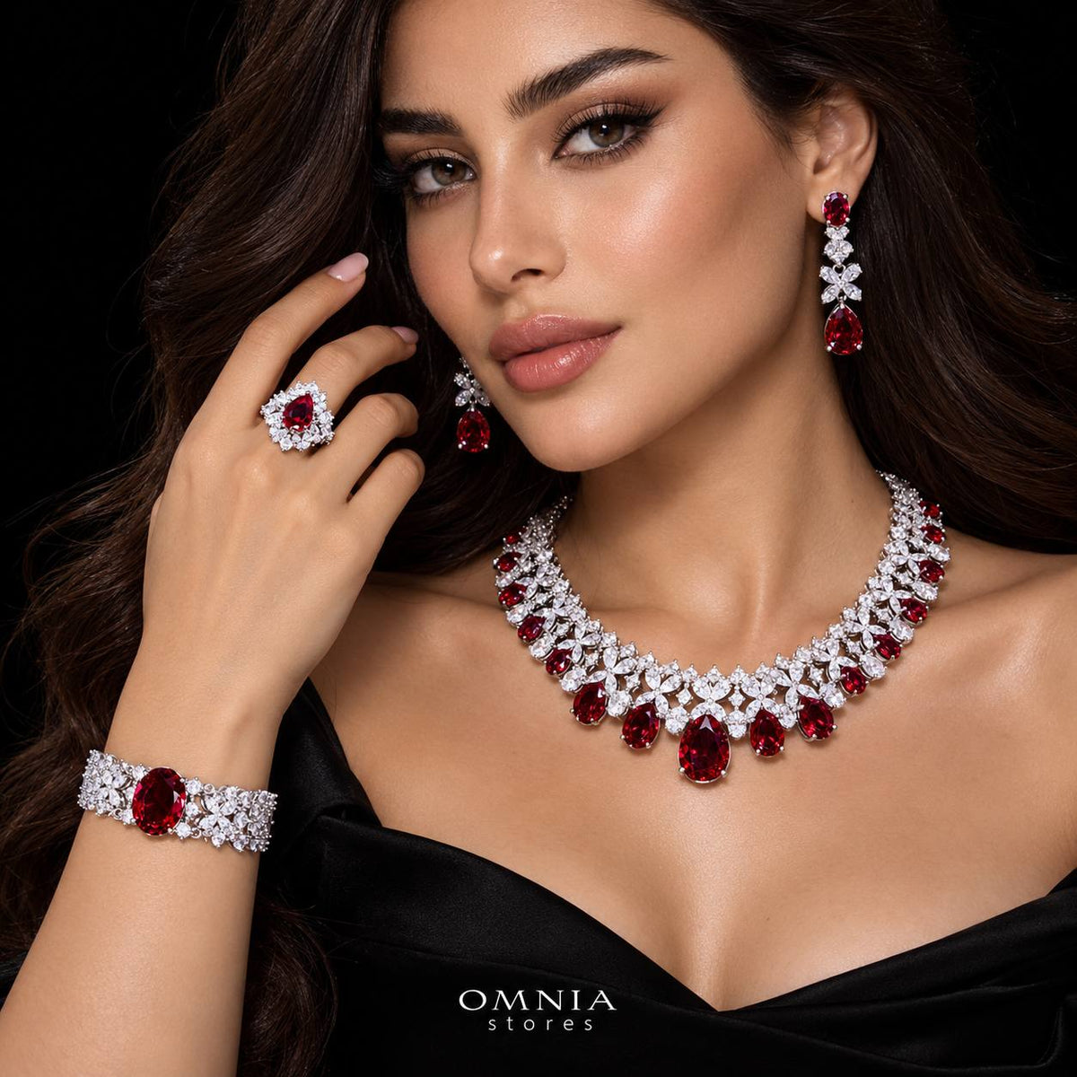 Omnia Suhana Red Bridal Full Set in High Quality Simulated Diamonds Premium Rhodium Plated