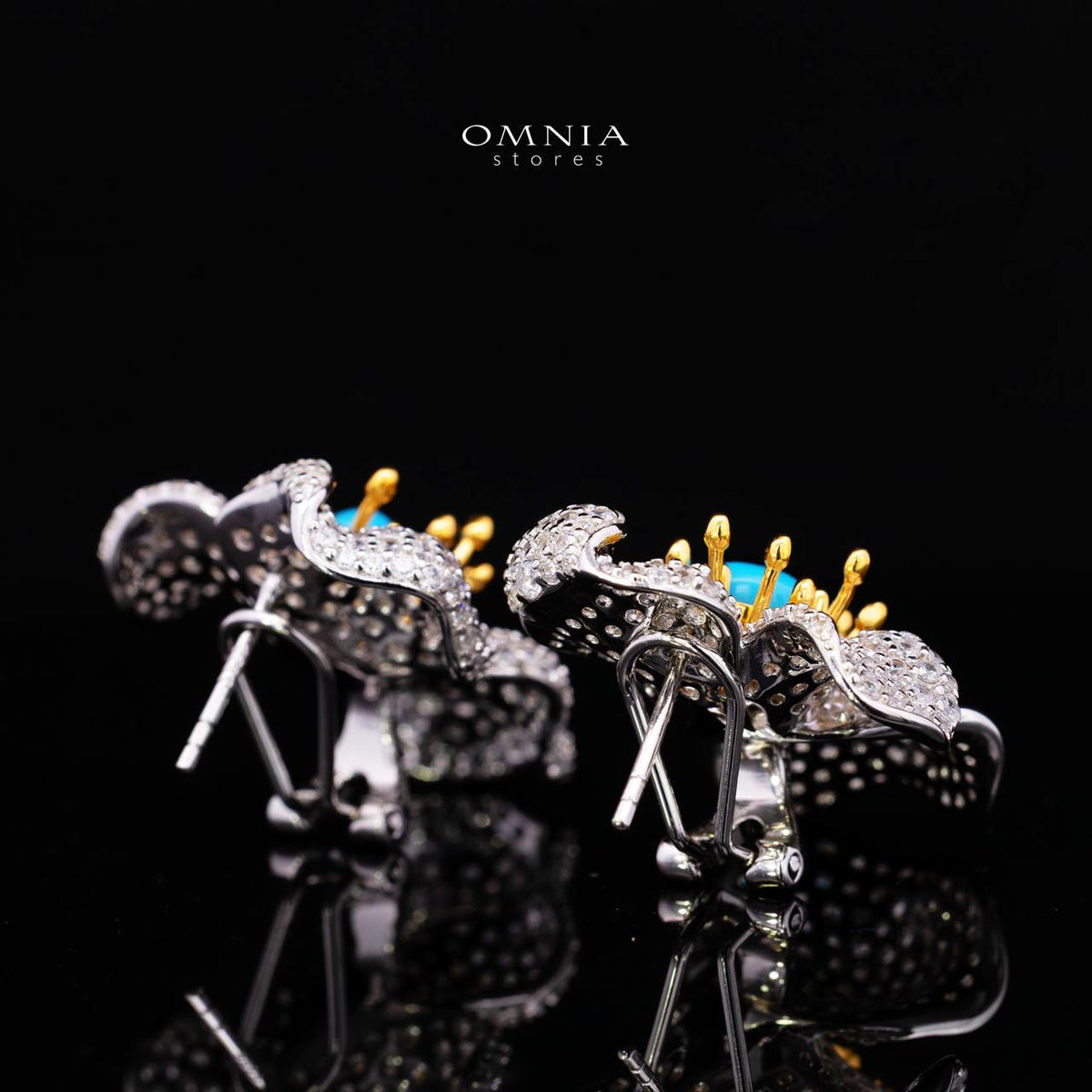 Omnia Shidha Turquoise Coral Flower Silver Drop Earrings in 925 Silver High Quality White Simulated Diamond Stones
