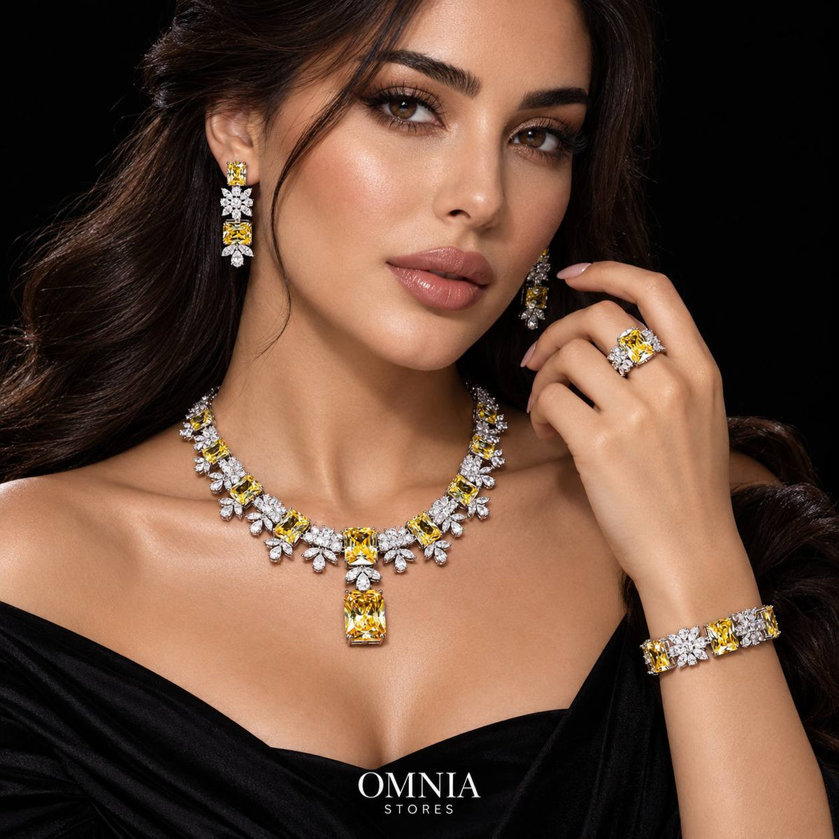 Omnia Charlene Yellow Bridal Full Set in High Quality Simulated Diamonds Premium Rhodium Plated with Emerald and Marquise Cut Stones