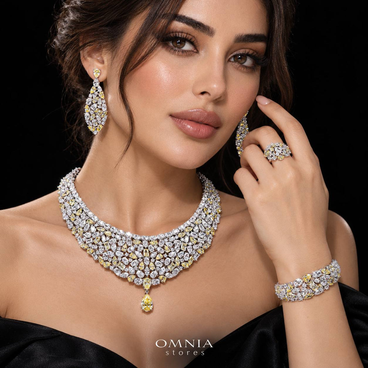 Omnia Maya Yellow Luxury Bridal Full Set In High Quality Zircon Stone Premium Rhodium Plated