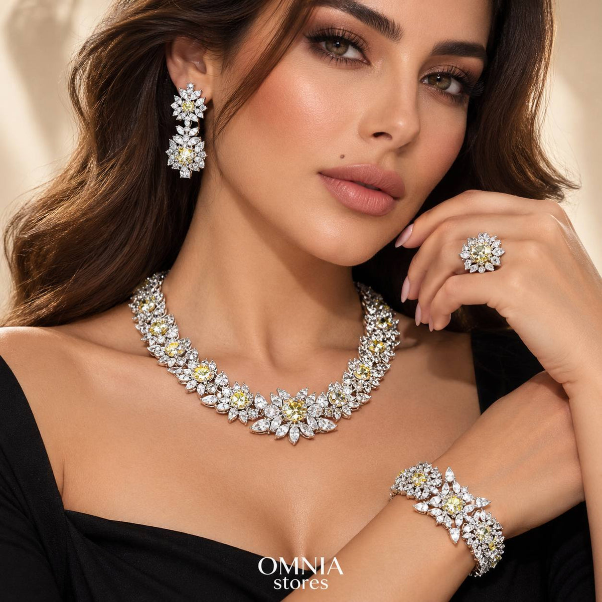 Omnia Nareen Yellow Bridal Full Set in High Quality Simulated Diamonds Premium Rhodium Plated