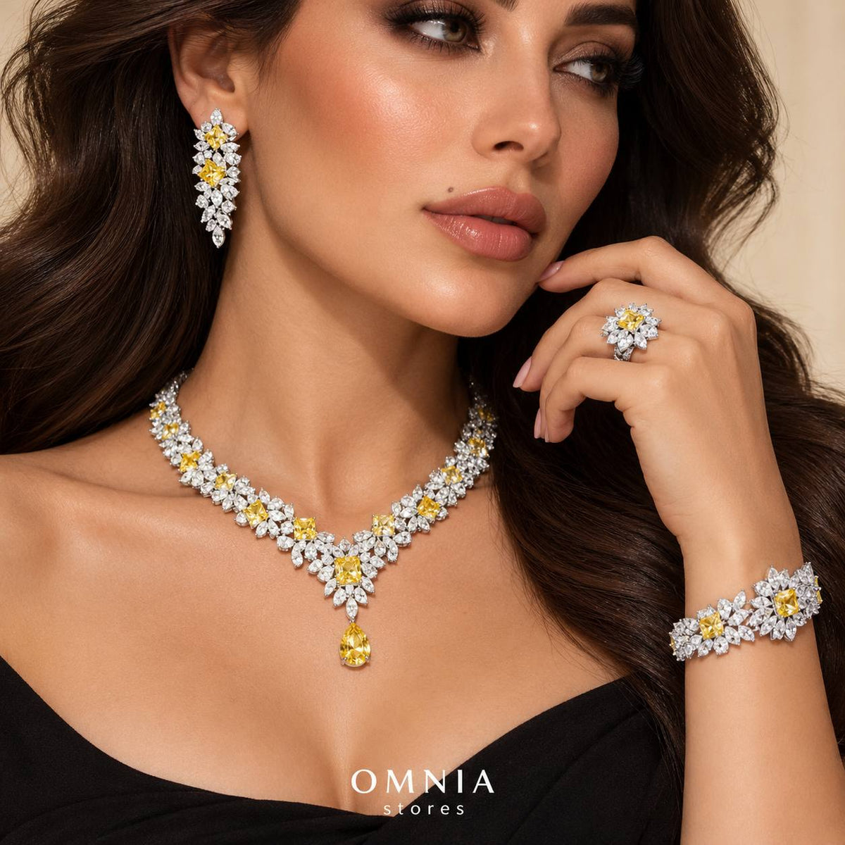 Omnia Christine Yellow Luxury Bridal Full Set In High Quality Zircon Stone Premium Rhodium Plated