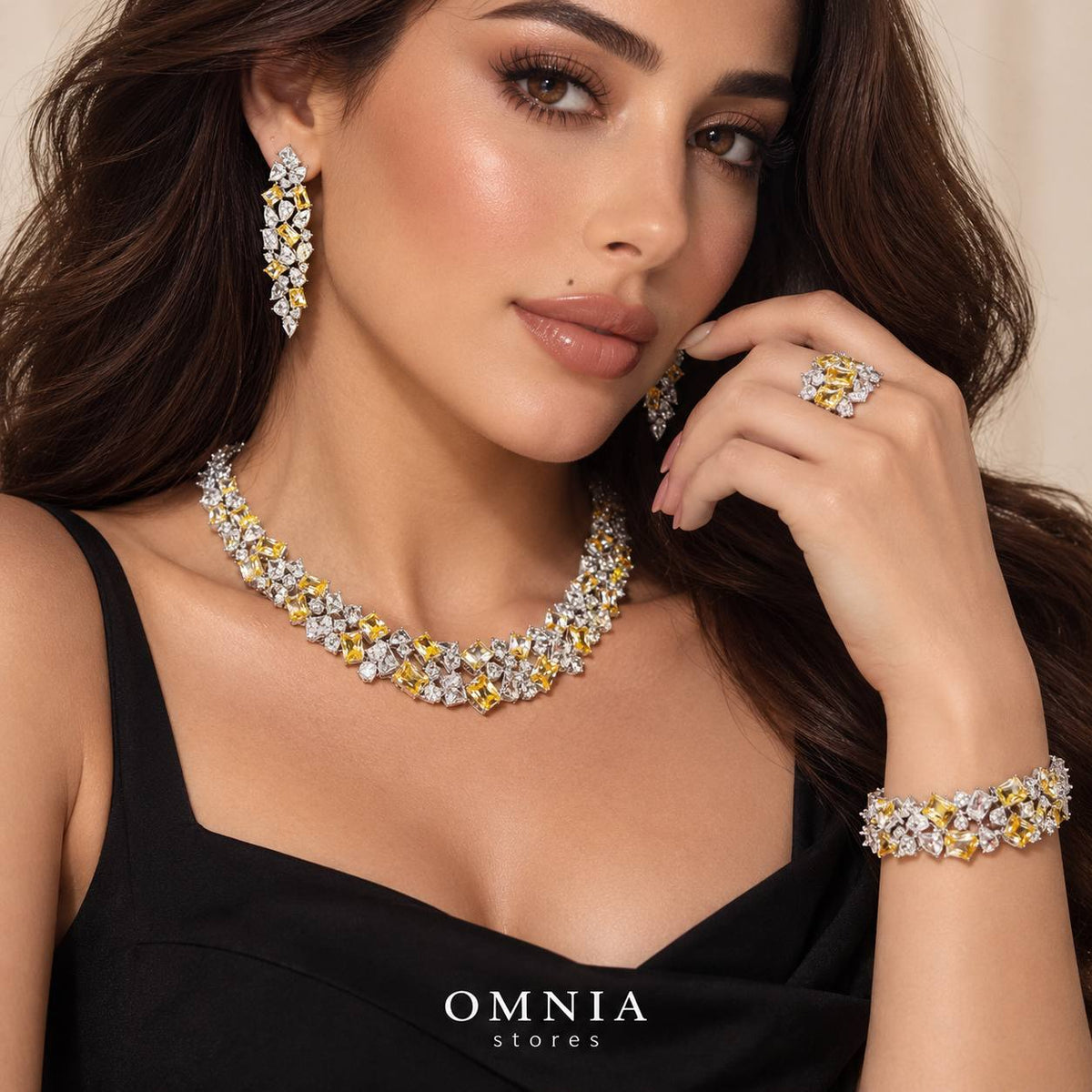 Omnia Anastasia Yellow Bridal Full Set in High Quality Zircon Stone in Rhodium Plated